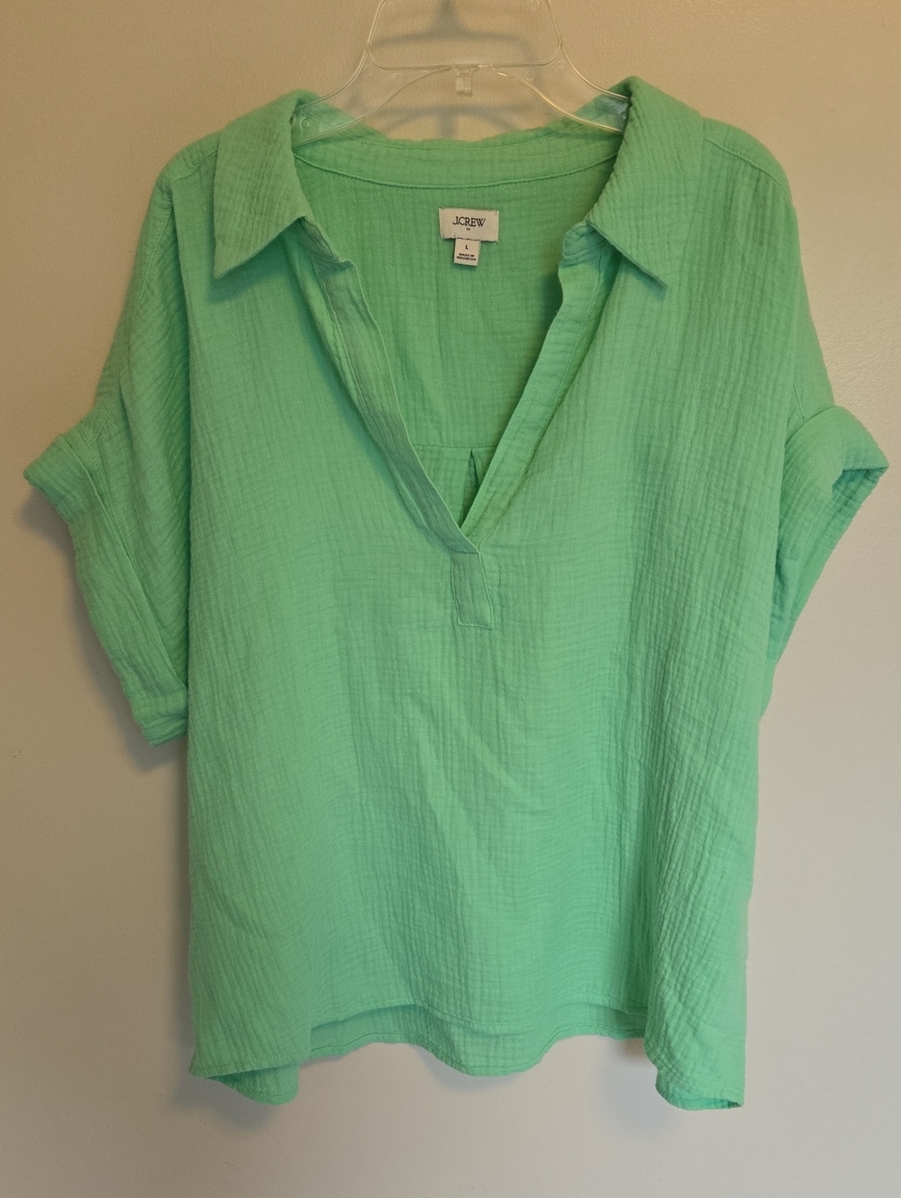 J. Crew V-Neck Double Gauze Cotton Popover Top Green L Relaxed Boxy Fit Comfort
